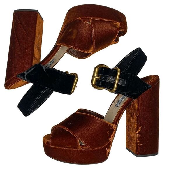 Prada Two-Tone Platform Velvet Strappy Sandals EU 38.5 Orange Chunky High Heel - Picture 6 of 11